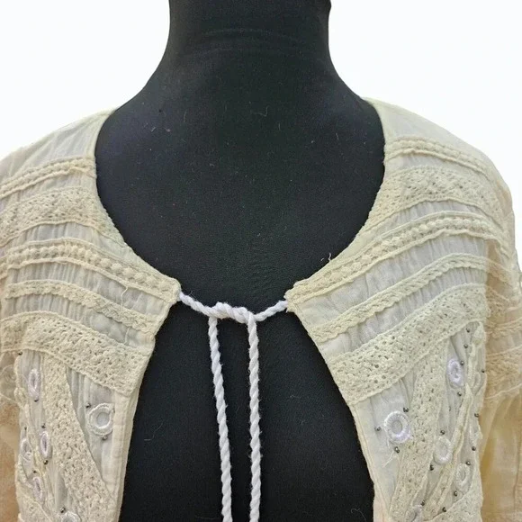 Embroidered Embellished Hippie BOHO Kimono Tie Front Prairie Shrug Cream Medium - Picture 3 of 13